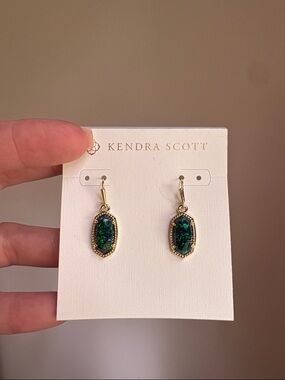 Kendra Scott Gold Earrings with Deep Green Stones
